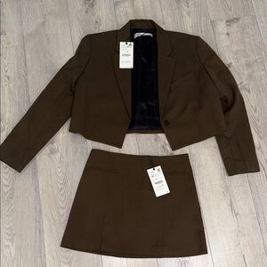 Zara Dark Brown Cropped Blazer and Skirt Set